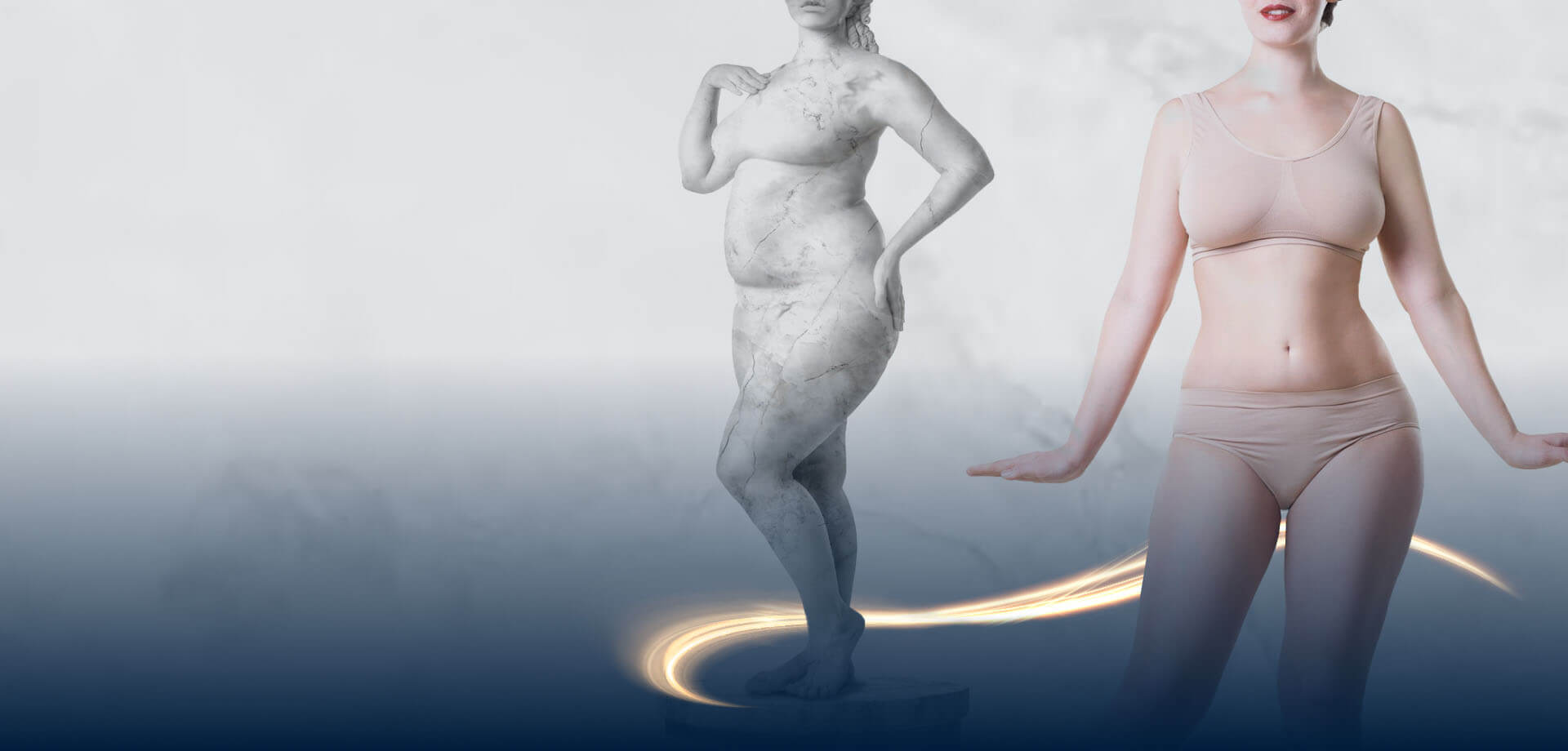Säule einer übergewichtigen Frau und Frauenkörper nach Gewichtsreduktion