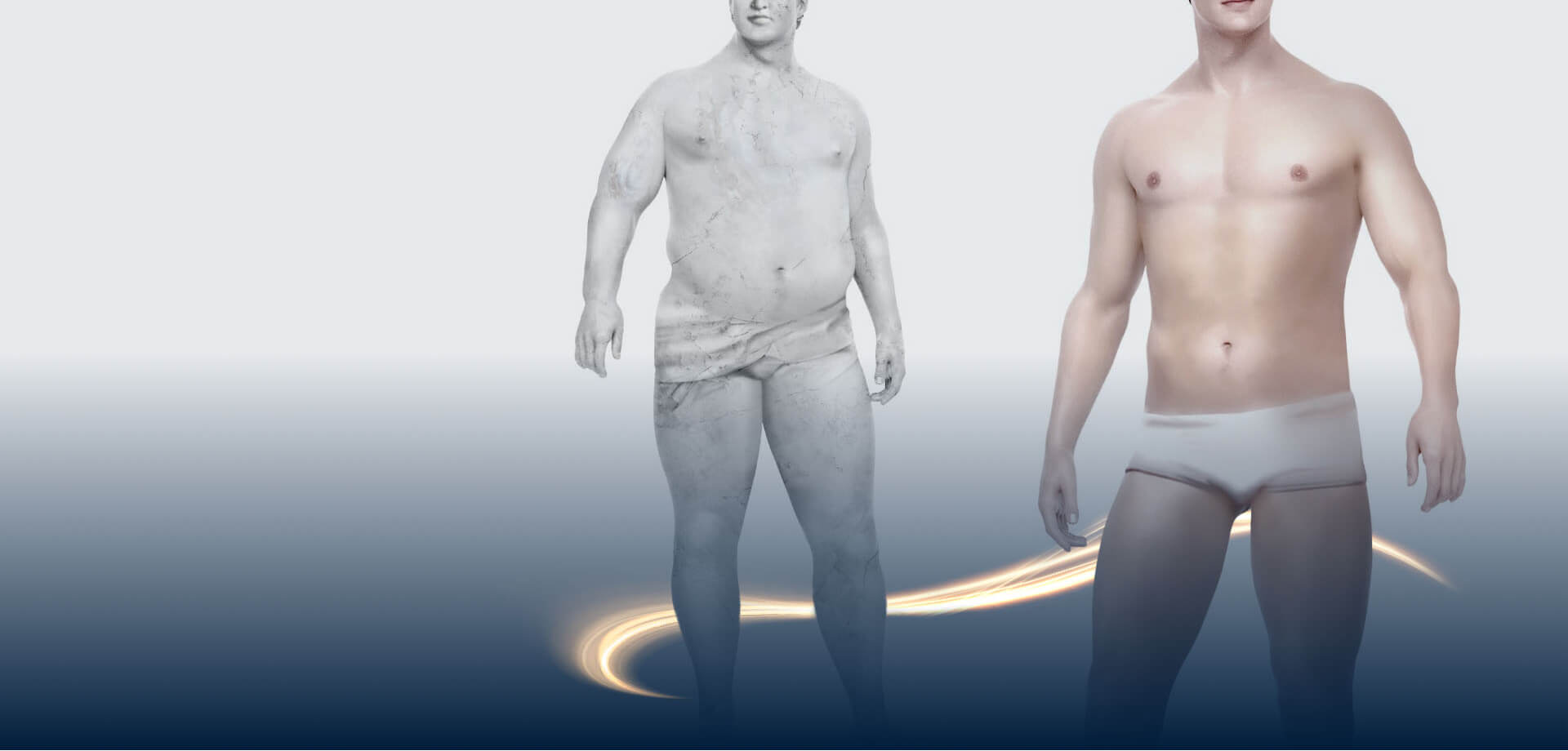 Säule eines übergewichtigen Mannes und Männerkörper nach Gewichtsreduktion
